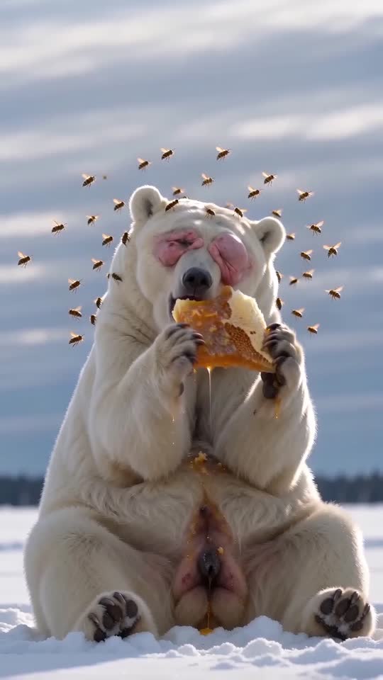 Polar Bear Stung By Bees Eating Honey