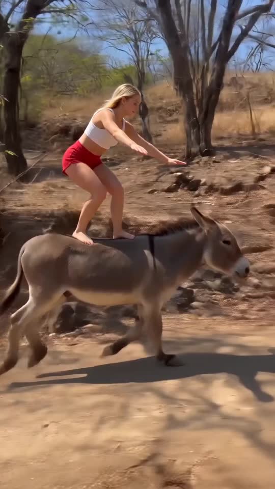 Blond Woman Riding Trotting Donkey